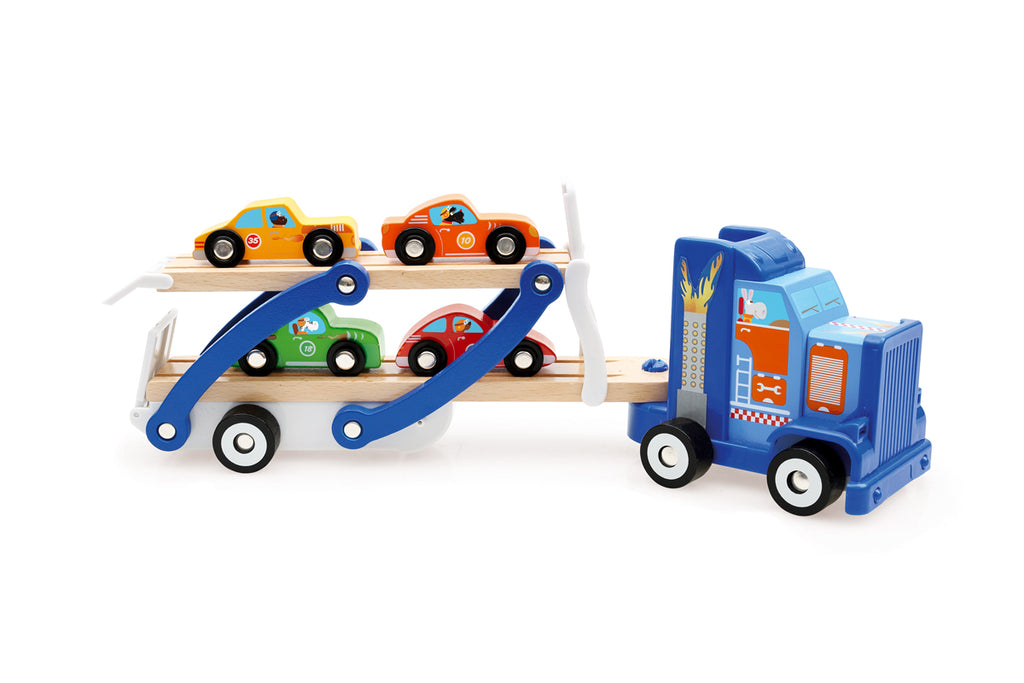 Scratch: Avtovlačilec s 4 lesenimi avtomobili
